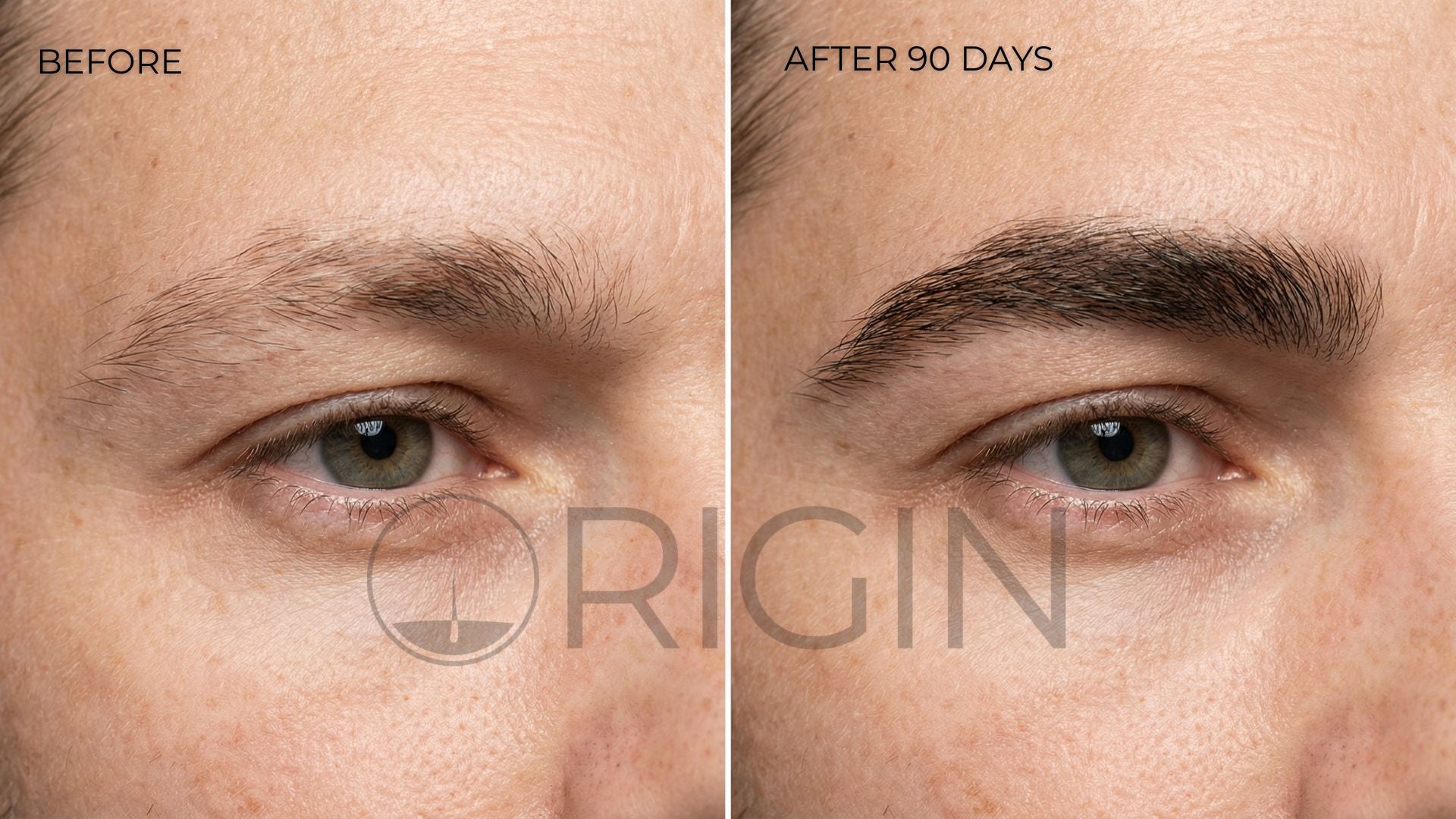 Before and after comparison of a man's 90 day eyebrow growth with 'Origin' branding.