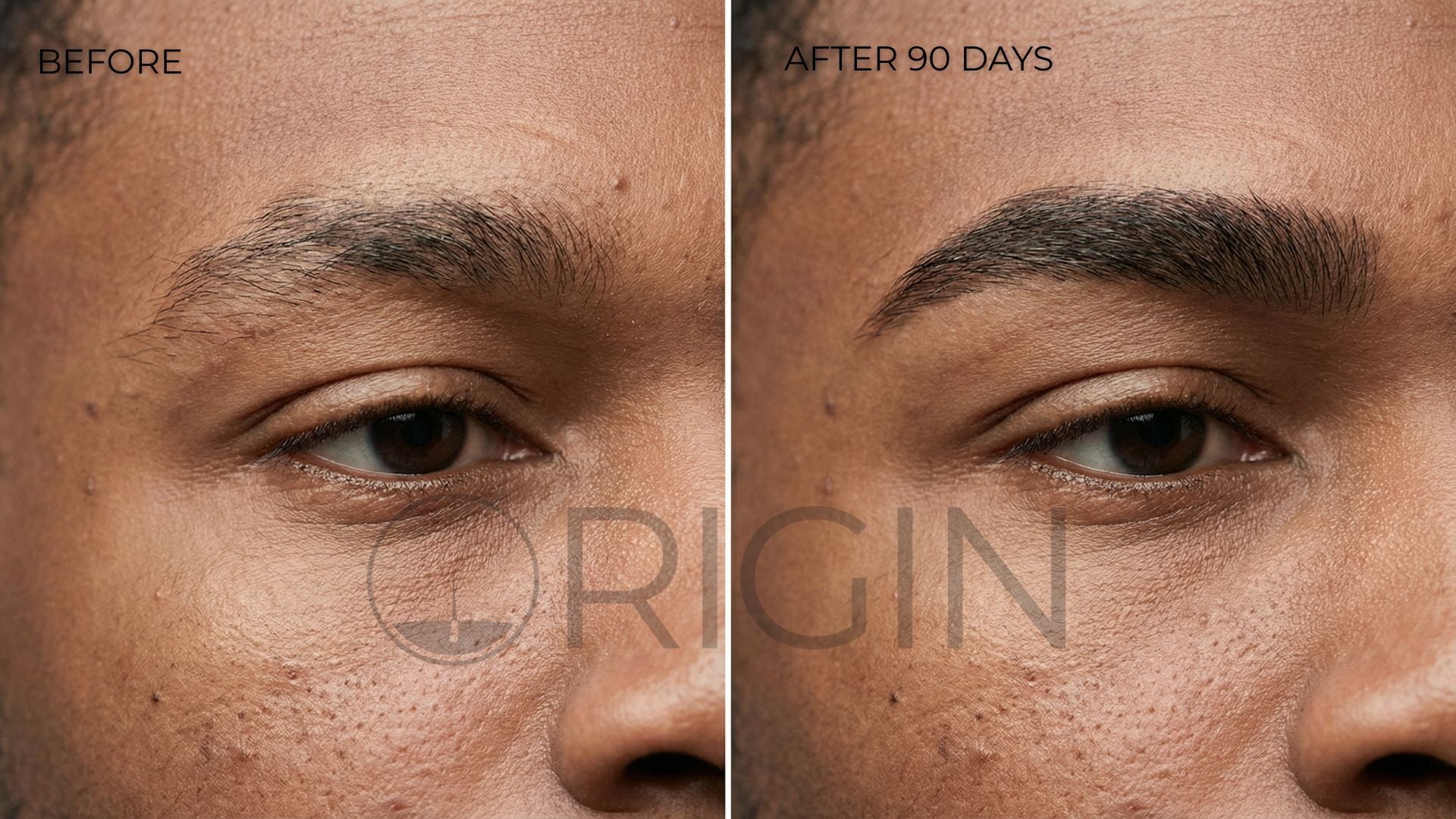 Before and after comparison of a man's 90 day eyebrow growth with 'Origin' branding.