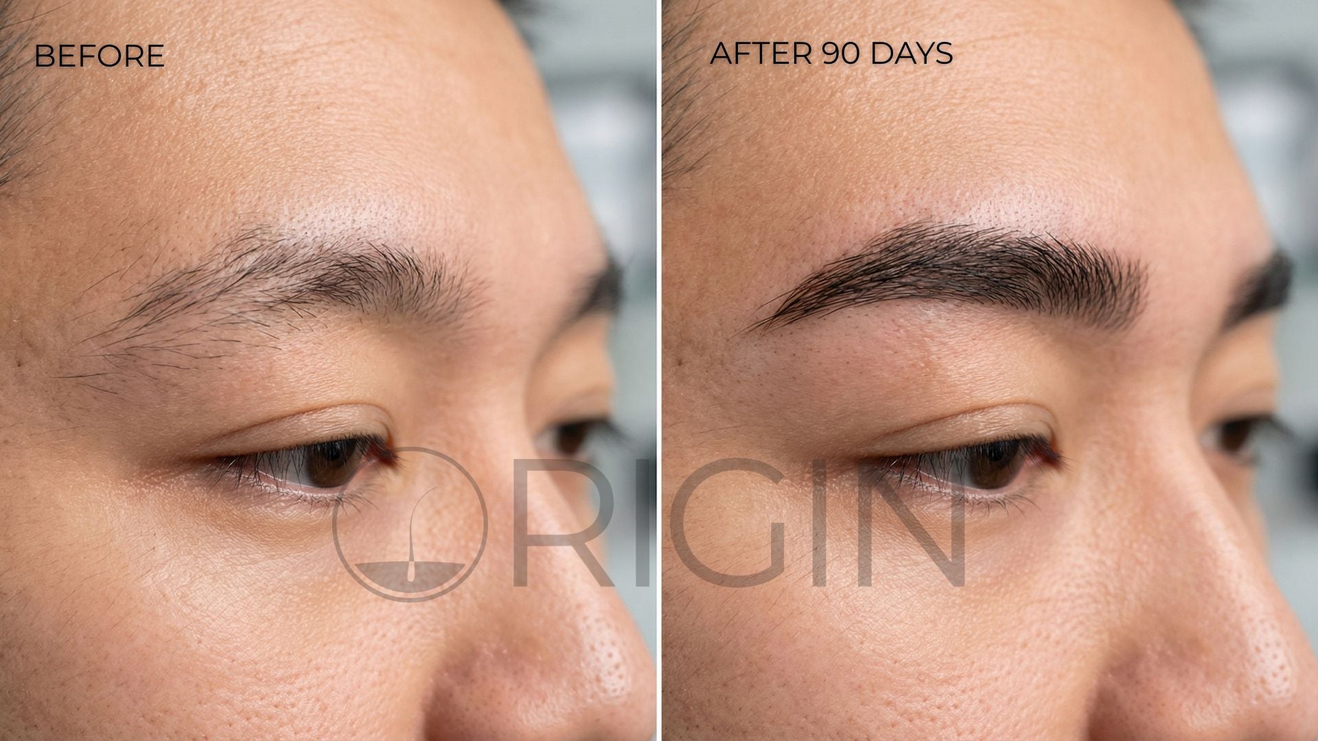 Before and after comparison of a man's 90 day eyebrow growth with 'Origin' branding.