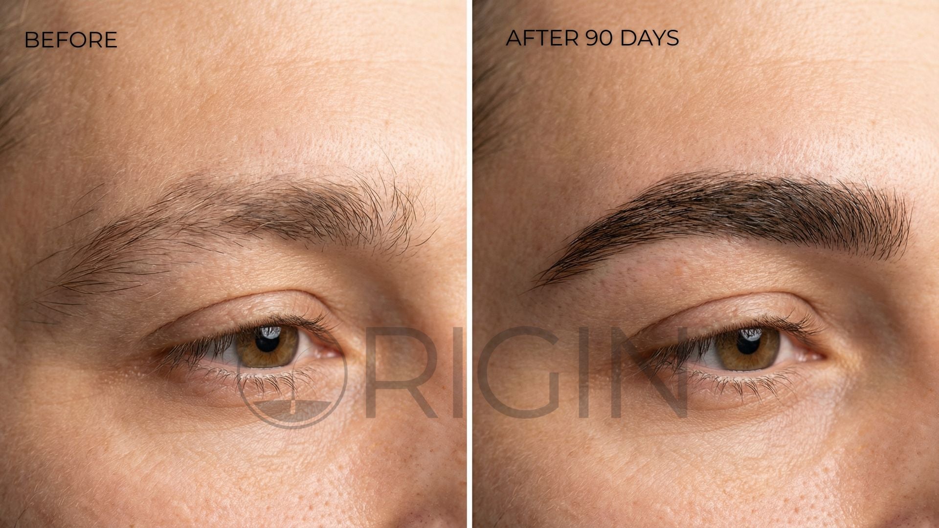 Before and after comparison of a man's 90 day eyebrow growth with 'Origin' branding.